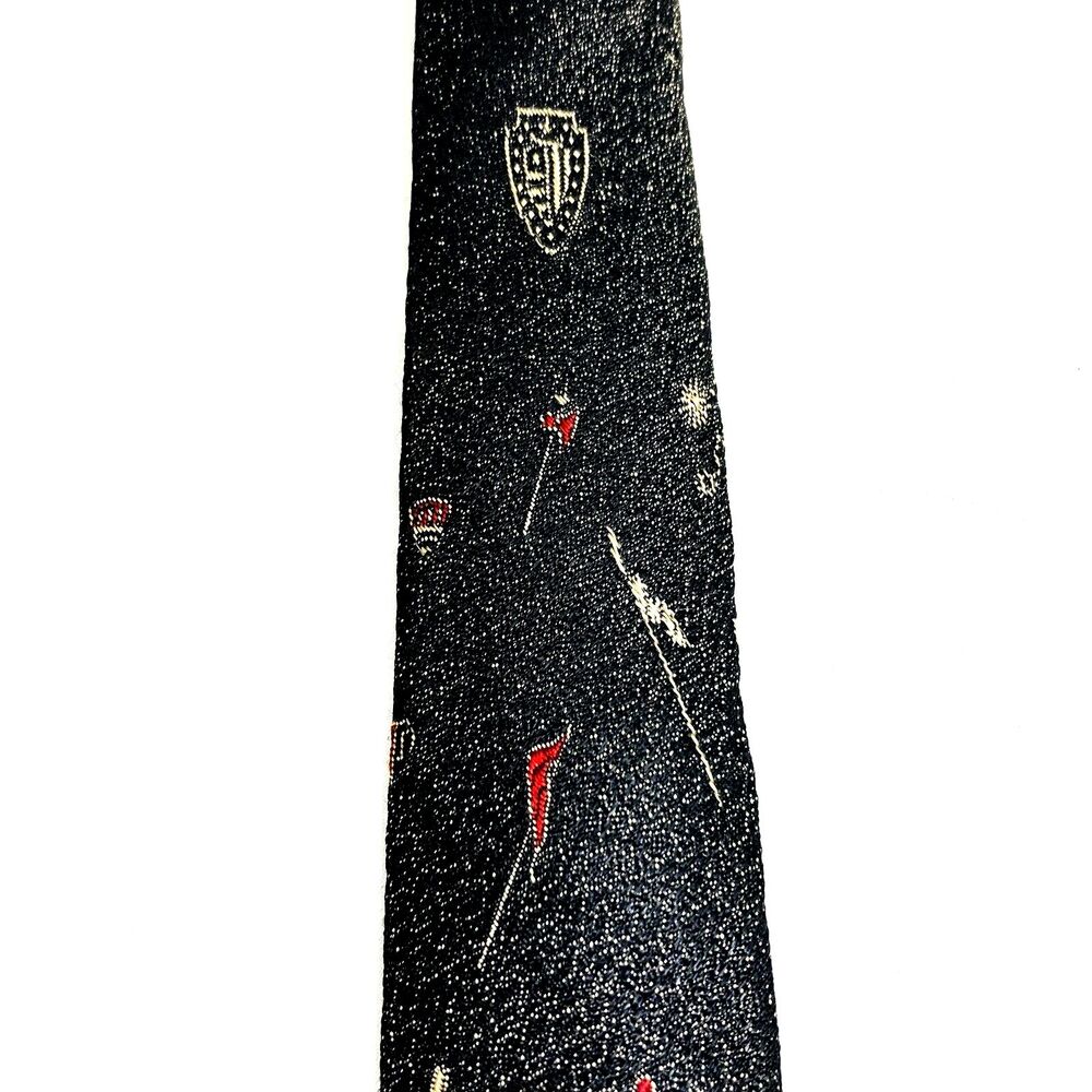 Wembley Skinny Tie Knight Medieval Vintage Flag Shield Axe Black Fleck MCM 1950s - Picture 6 of 13